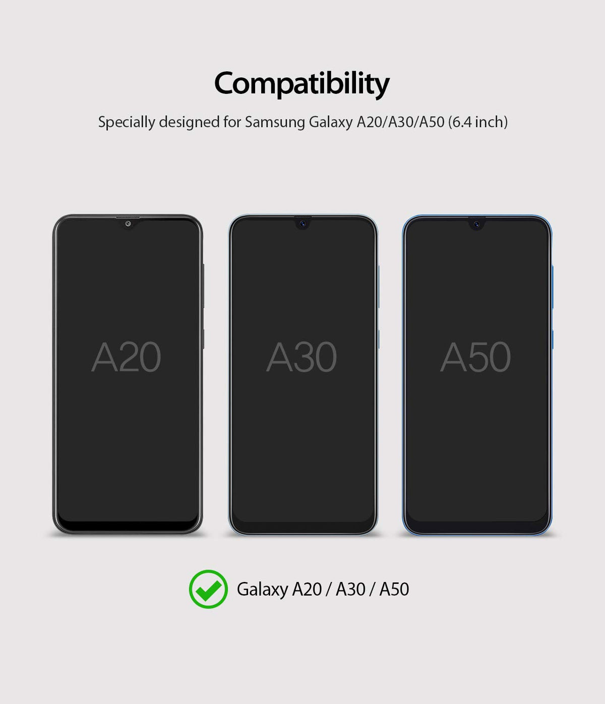 Galaxy A20 Screen Protector | Dual Easy Film - Three smartphones labeled A20, A30, and A50 showing compatibility.