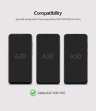 Galaxy A20 Screen Protector | Dual Easy Film - Three smartphones labeled A20, A30, and A50 showing compatibility.