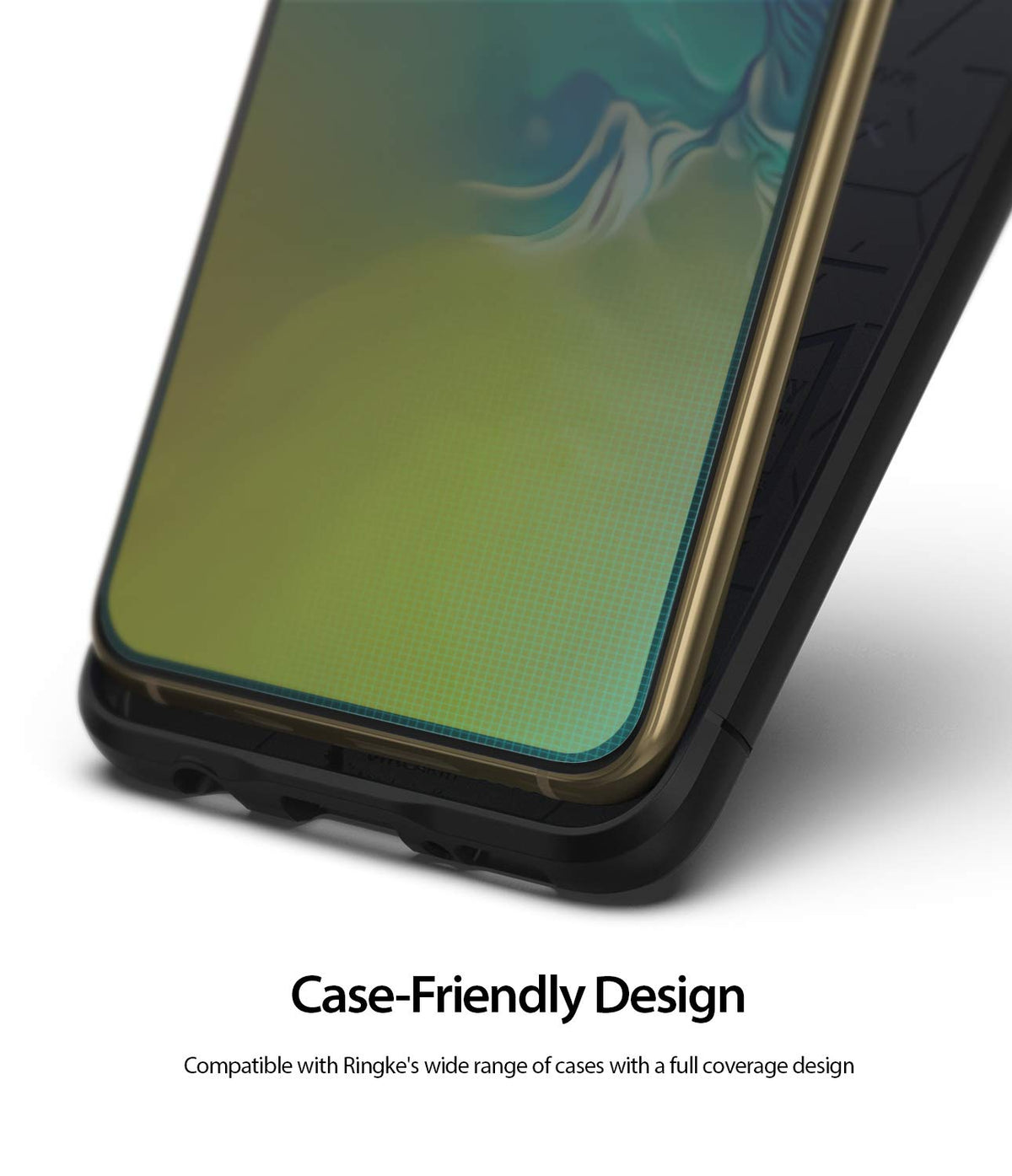 Galaxy S10e Screen Protector | Dual Easy Film - Close-up of a smartphone with a screen protector inside a black case.