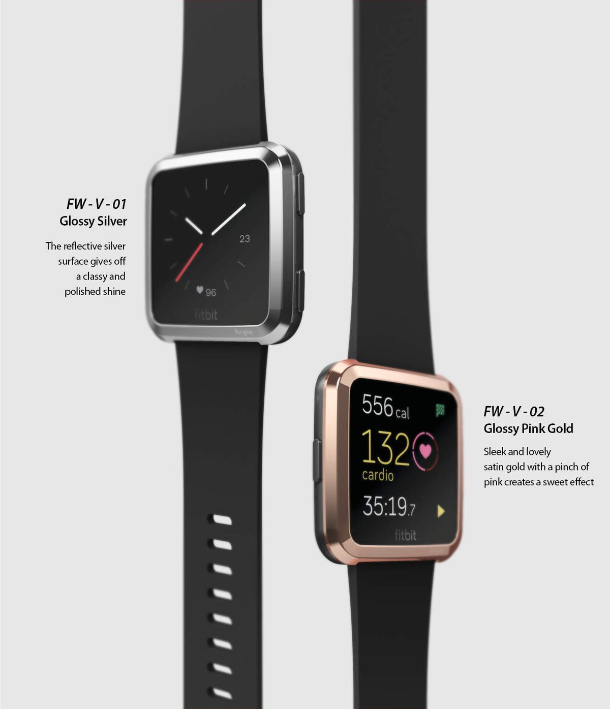 Fitbit Versa | Bezel Styling 01 - Two Fitbit Versa watches with glossy silver and pink gold protective bezels and black bands.