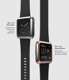 Fitbit Versa | Bezel Styling 01 - Two Fitbit Versa watches with glossy silver and pink gold protective bezels and black bands.