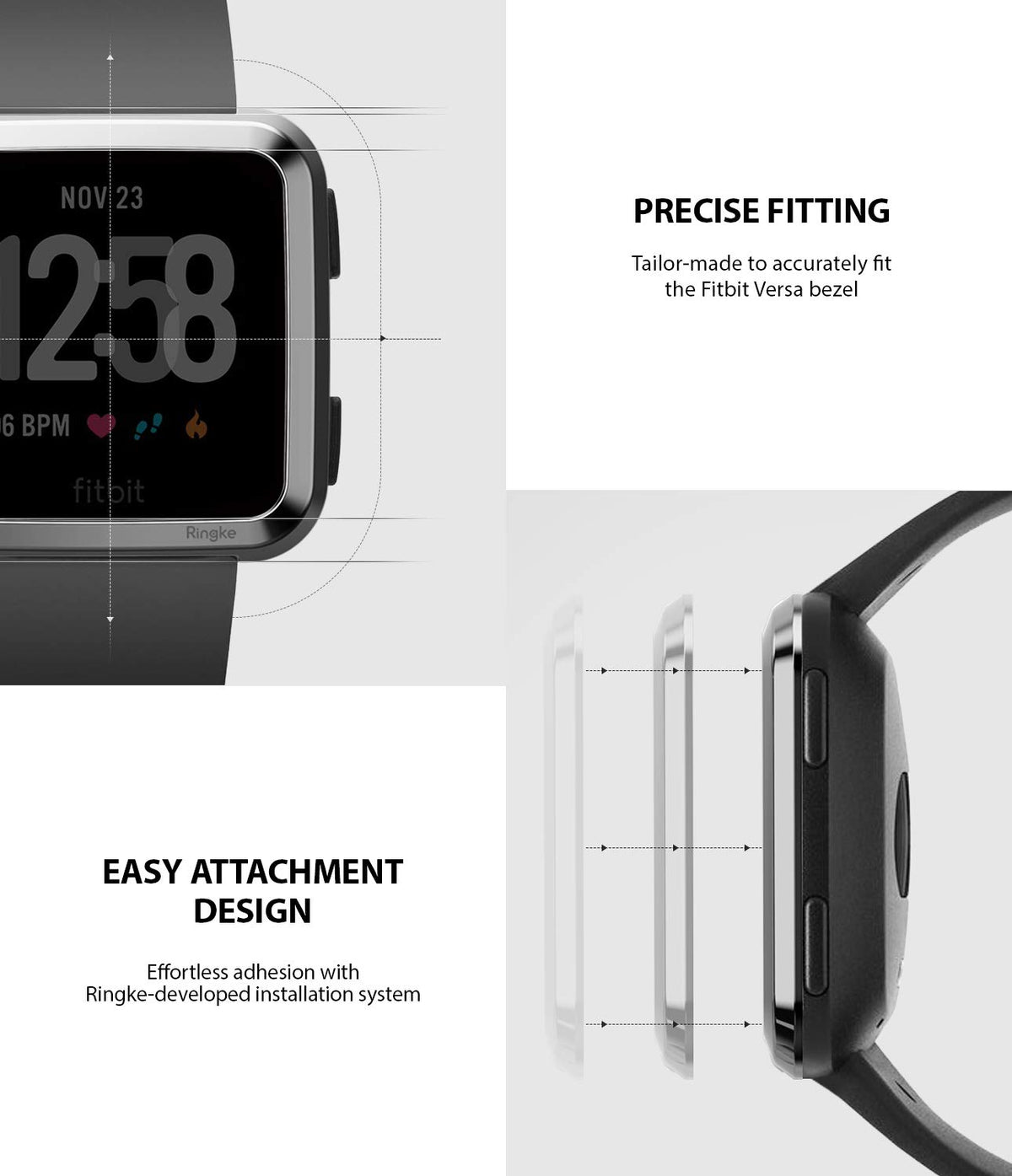 Fitbit Versa | Bezel Styling 01 - Close-up of a smartwatch bezel accessory showing precise fit and easy adhesive installation.