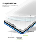 Galaxy A20 Screen Protector | Dual Easy Film - Exploded view showing multiple protective film layers on a smartphone.