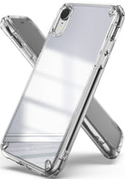 iPhone XR Case | Mirror - Silver - Two clear, reflective silver mirror iPhone XR cases angled against each other.