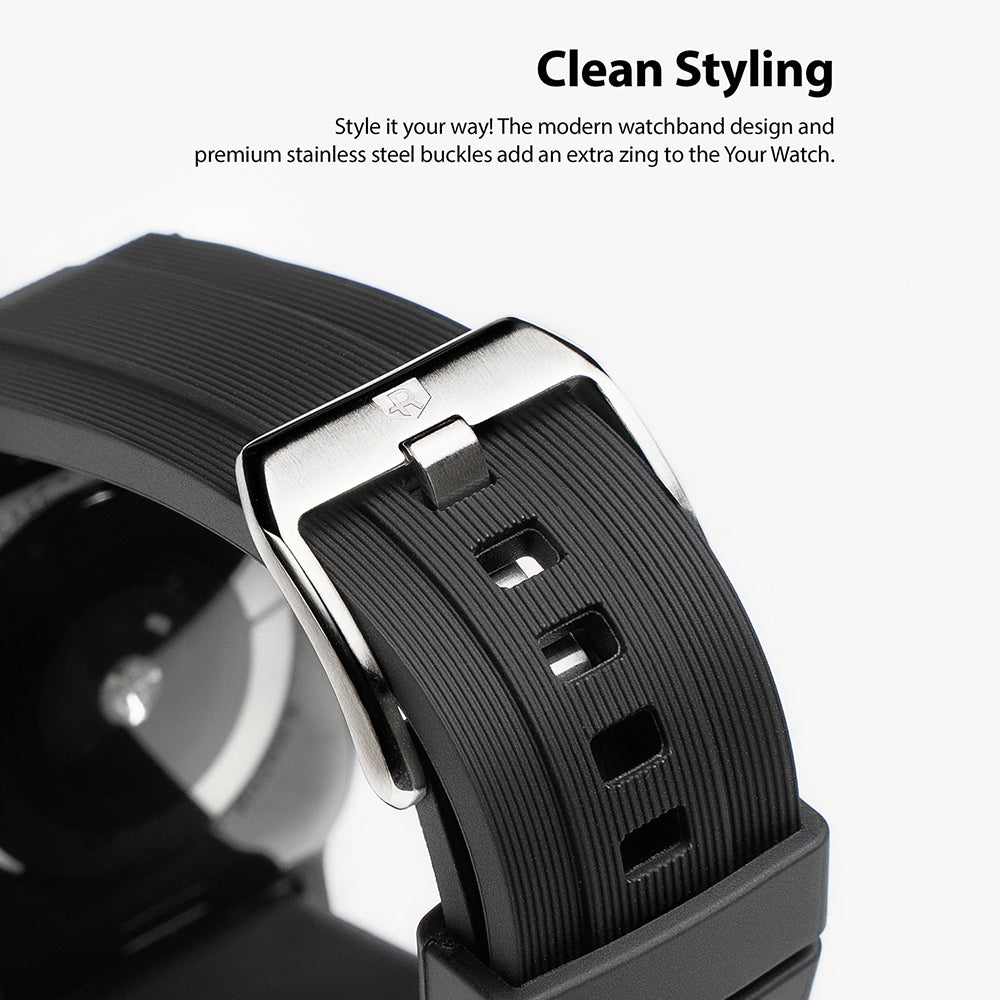 Apple Watch 49·46·45·44·42 mm | Rubber One Band - Close-up of a black ribbed rubber watch band with a silver buckle.