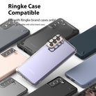 Galaxy S21 Plus | Camera Styling - Galaxy S21 Plus - Camera lens protector being applied to a purple smartphone surrounded by various Ringke phone cases.
