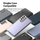 Galaxy S21 | Camera Styling - A camera lens protector being applied to a purple Galaxy S21 surrounded by various Ringke phone cases.