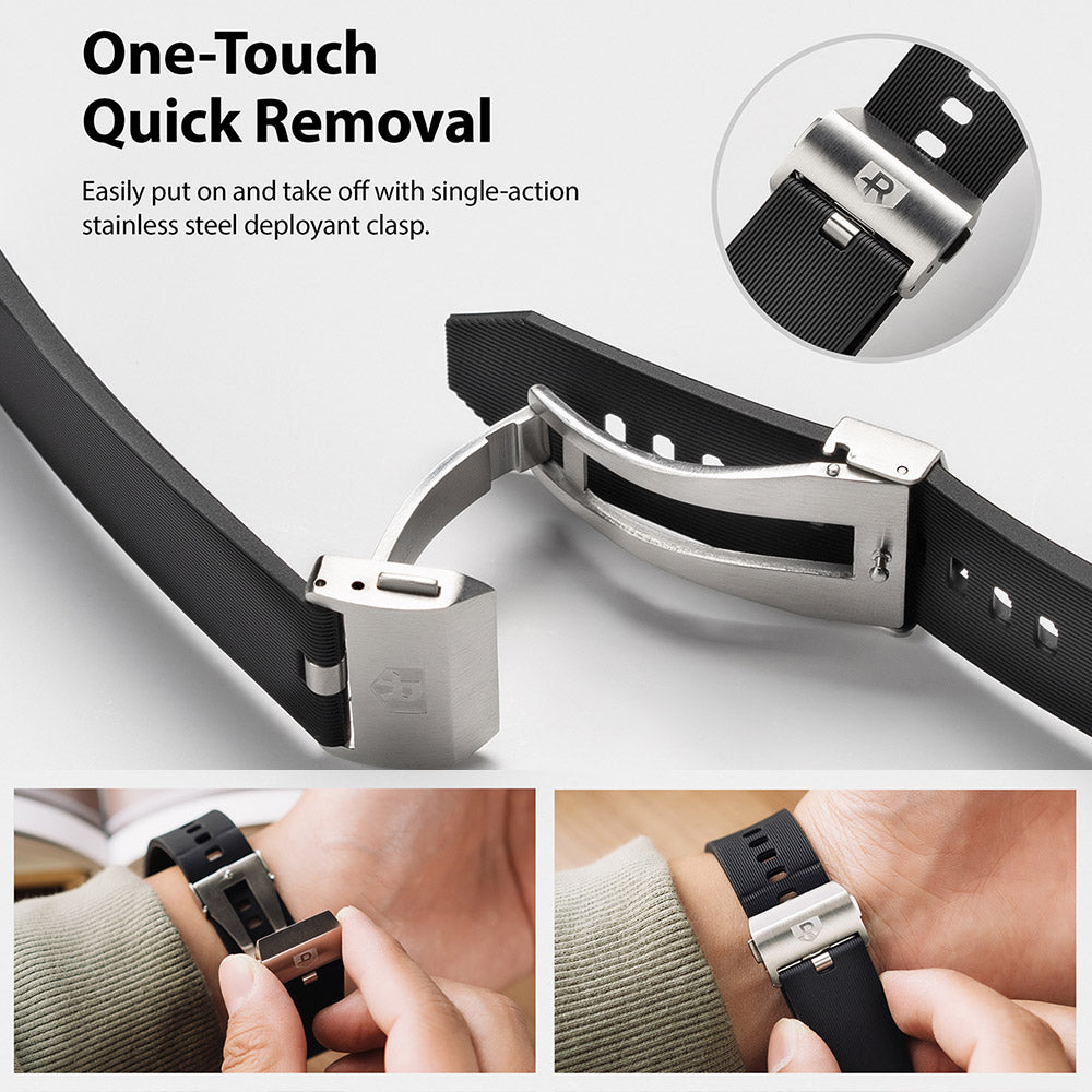 Galaxy Watch (46mm) | Rubber One Prime Band - Black rubber watch band with a stainless steel deployant clasp mechanism.