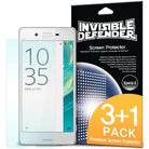 Xperia X Screen Protector | Invisible Defender - Xperia X Screen Protector - Invisible Defender 3+1 pack for Sony Xperia X with a clear film overlaying a white smartphone.