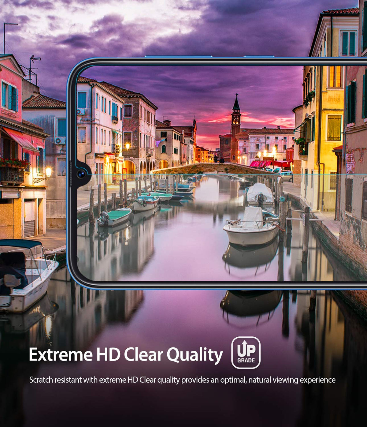 Galaxy A20 Screen Protector | Dual Easy Film - Galaxy A20 Screen Protector - Smartphone displaying a vibrant canal scene in Venice to highlight HD screen clarity.