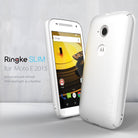 Moto E 2015 (2nd Gen.) Case | Slim - Black - Front and back views of a white Moto E 2015 phone with a slim protective case.