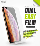 iPhone XS Max Screen Protector | Dual Easy Film - Transparent screen protector film hovering over an iPhone XS Max.