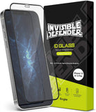 iPhone 12 / 12 Pro Screen Protector | Invisible Defender Glass - iPhone 12 / 12 Pro Screen Protector - Tempered glass screen protector hovering over an iPhone 12 next to its product box.