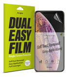 iPhone XS Max Screen Protector | Dual Easy Film - Green packaging next to an iPhone XS Max with a screen protector.