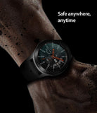 Galaxy Watch 46mm Screen Protector | Glass - Galaxy Watch 46mm Screen Protector - A Galaxy Watch on a dirty arm with the text Safe anywhere, anytime against a black background.