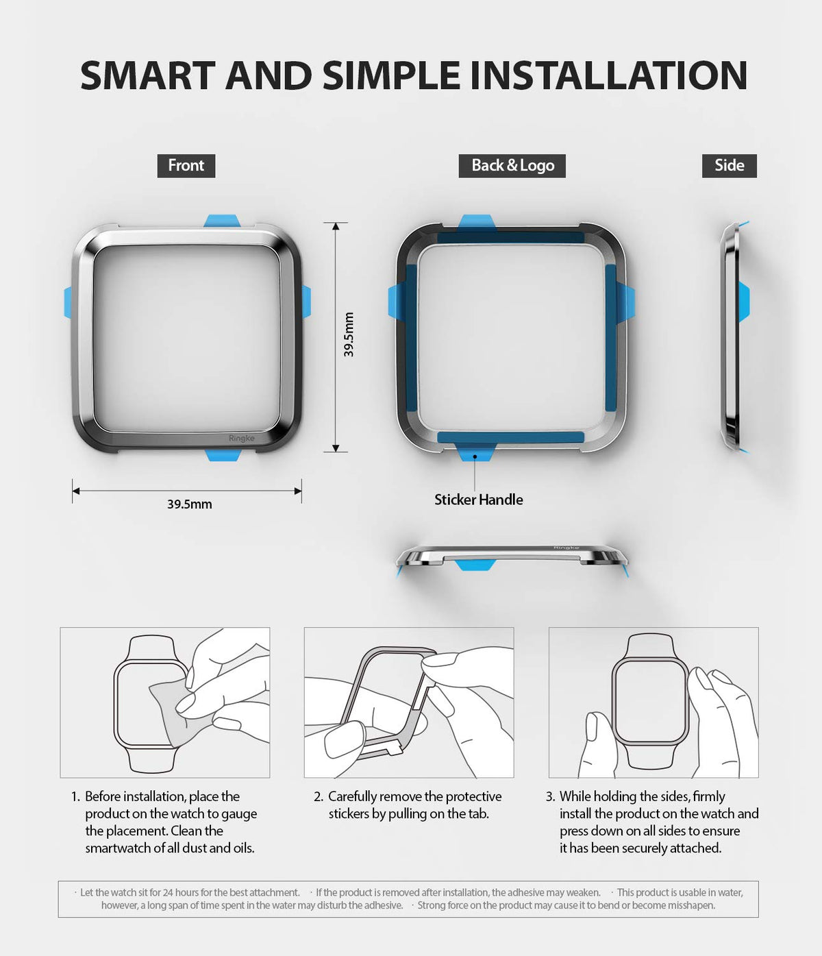 Fitbit Versa | Bezel Styling 01 - Diagrams showing dimensions and three-step installation instructions for a watch bezel.