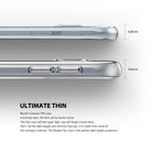Galaxy S6 Case | Flex - Clear - Side-by-side comparison of a bare phone at 6.8mm and a phone with a clear TPU case at 9.6mm.