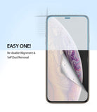 iPhone XS Max Screen Protector | Dual Easy Film - Screen protector being applied to a phone with alignment text.