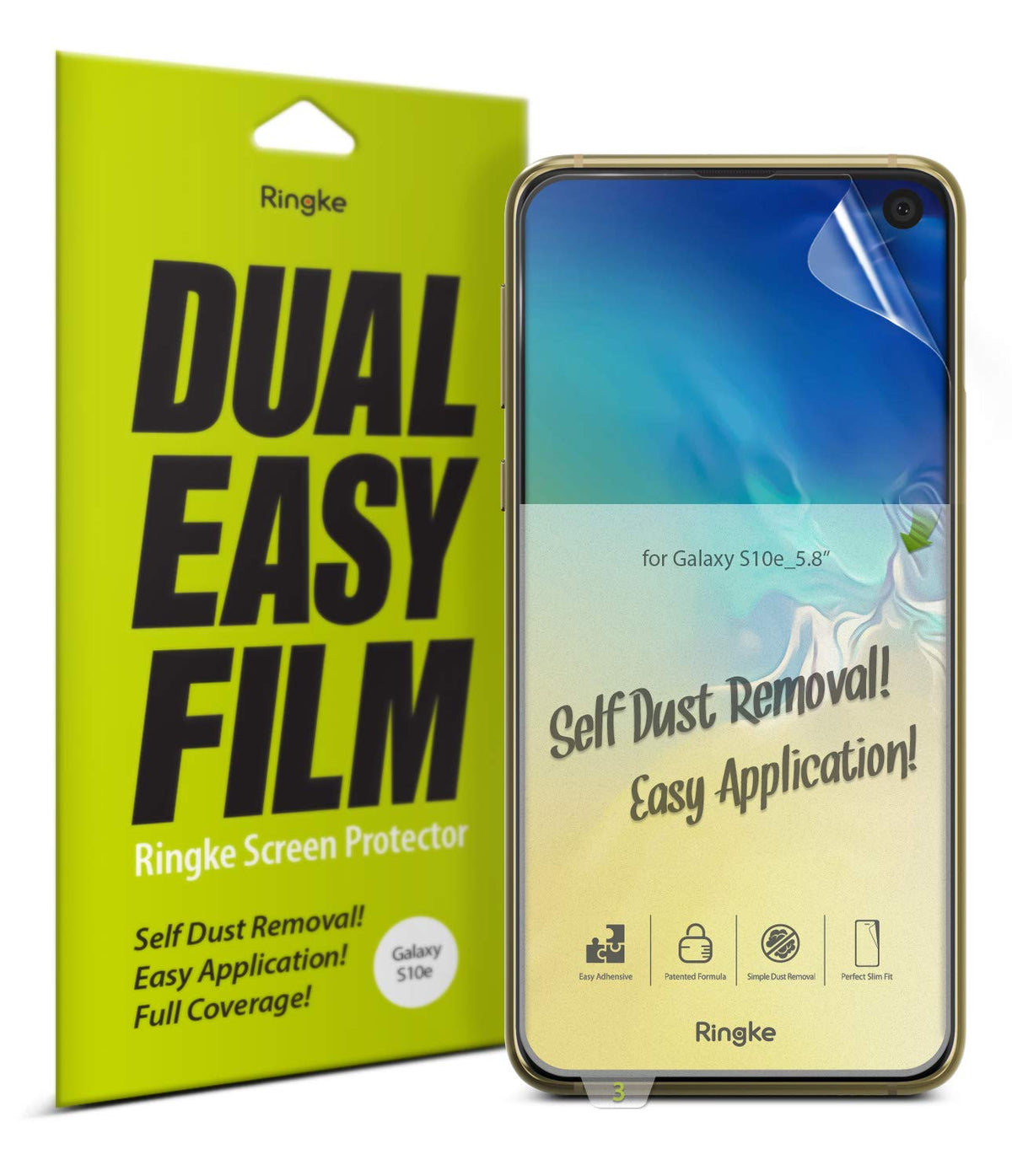 Galaxy S10e Screen Protector | Dual Easy Film - Ringke screen protector packaging next to a Galaxy S10e phone.