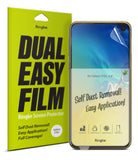 Galaxy S10e Screen Protector | Dual Easy Film - Ringke screen protector packaging next to a Galaxy S10e phone.