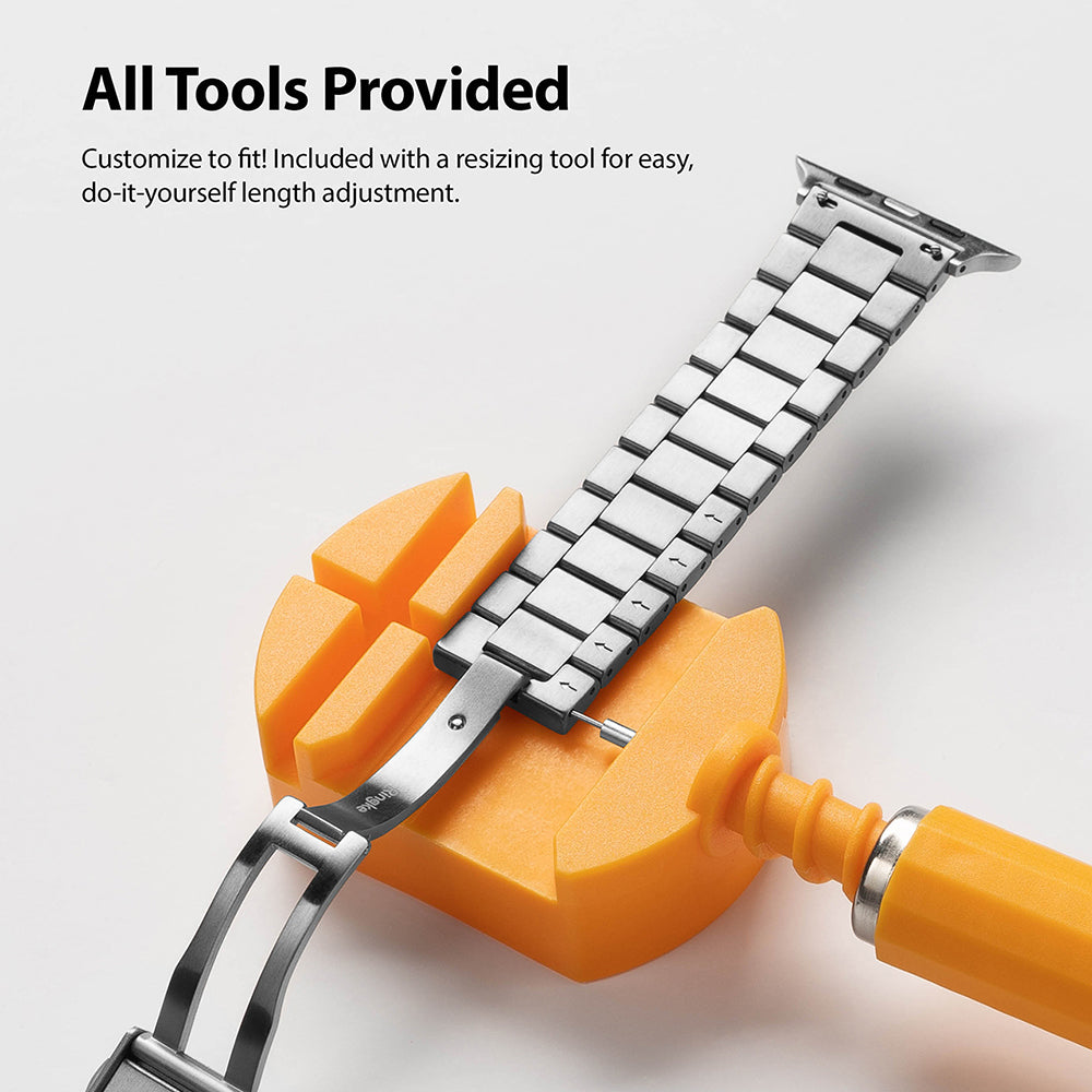 Apple Watch 49·46·45·44·42 mm | Metal One Band α - Silver - Apple Watch Metal One Band α - Silver metal watch band being resized with a yellow tool on a white background.