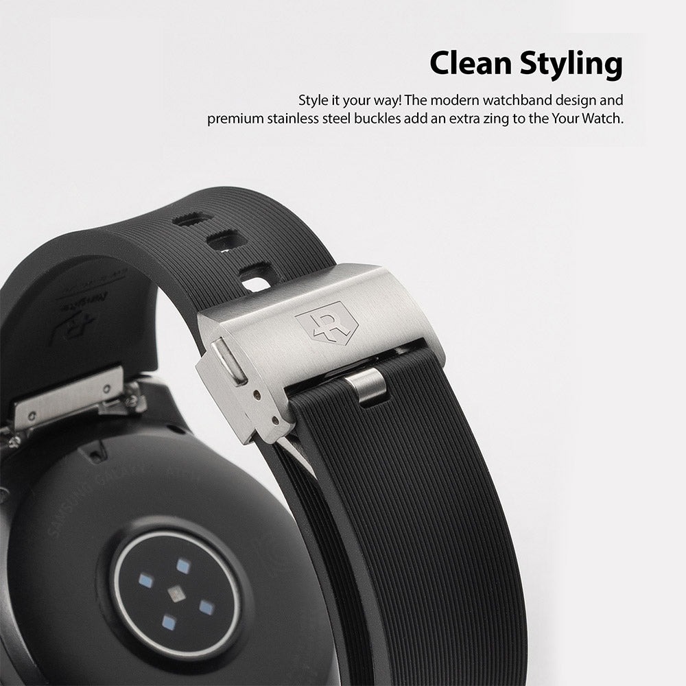 Galaxy Watch (46mm) | Rubber One Prime Band - Close-up of a black ribbed rubber watch band with a brushed steel buckle.