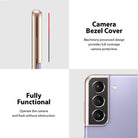 Galaxy S21 | Camera Styling - Close-up of a protective camera bezel cover applied to a purple Galaxy S21 smartphone.