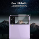Galaxy Z Flip 3 Screen Protector | Cover Display Glass [3 Pack] - Galaxy Z Flip 3 Screen Protector - A glass protector hovering over the cover display of a lavender Galaxy Z Flip 3.