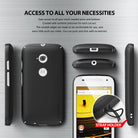 Moto E 2015 (2nd Gen.) Case | Slim - Black - Multiple views of a black phone case showing precise cutouts and a strap holder.
