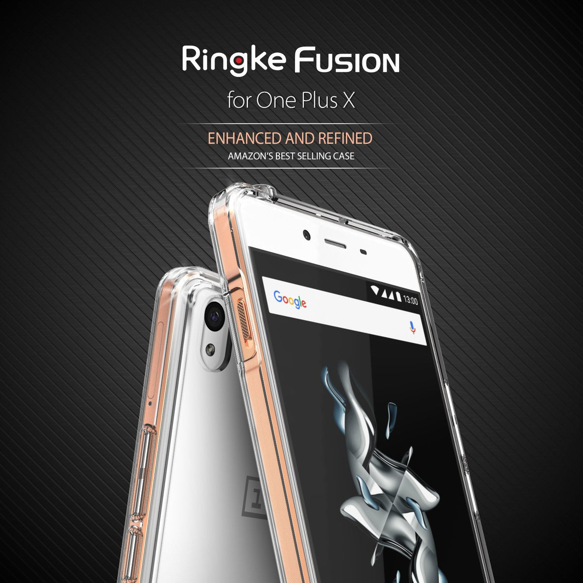 OnePlus X Case | Fusion - Smoke Black - Clear protective case with rose gold accents on a OnePlus X smartphone.