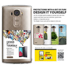 LG G4 Case | Fusion - Smoke Black - Clear phone case with customizable back, showing various design examples and DIY instructions.