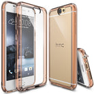 HTC One A9 Case | Fusion - Rose Gold - Rose gold protective phone case shown from front, back, and side angles.