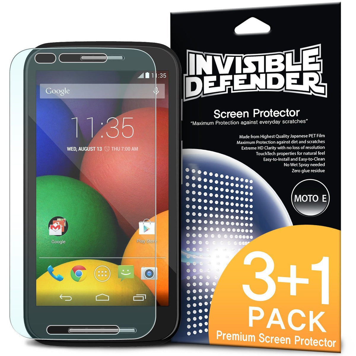 Moto E 2014, Ringke [INVISIBLE DEFENDER] 3+1 Pack Screen Protector - Smartphone with screen protector and retail box.