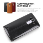 LG G4 Case | Fusion - Smoke Black - Clear protective case on a black leather LG G4 phone with text about compatibility.