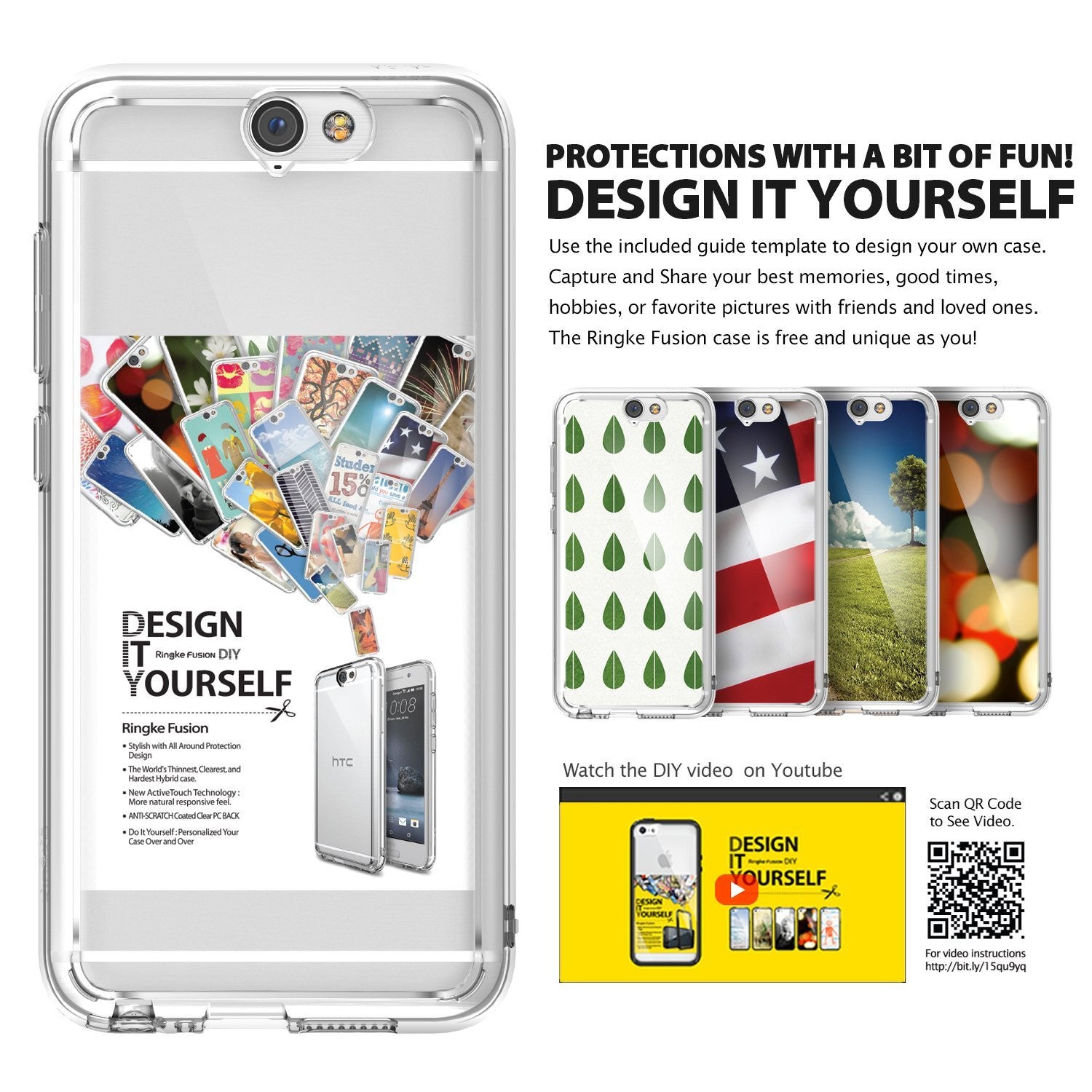 HTC One A9 Case | Fusion - Rose Gold - Clear phone case with customizable inserts, DIY design examples, and QR code.