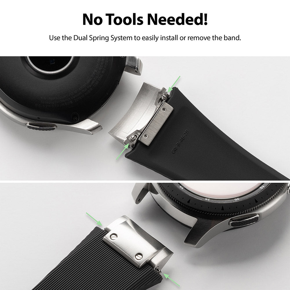 Galaxy Watch (46mm) | Rubber One Prime Band - Close-up of watch band attachment using a dual spring system for tool-free installation.