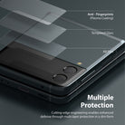 Galaxy Z Flip 3 Screen Protector | Cover Display Glass [3 Pack] - Galaxy Z Flip 3 Screen Protector - Exploded view showing anti-fingerprint, tempered glass, and AB film layers on a phone.