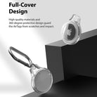AirTag Case | Slim [4 Pack] - Clear - Two clear protective cases for AirTags, one with a metal carabiner, on a black block.