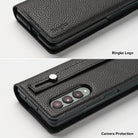Galaxy Z Fold 3 Case | Folio Signature EZ Strap - Black textured leather case showing Ringke logo and camera cutout.