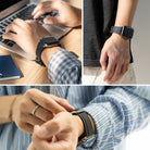 Apple Watch 49·46·45·44·42 mm | Rubber One Band - A collage showing a black rubber watch band worn on wrists in daily settings.
