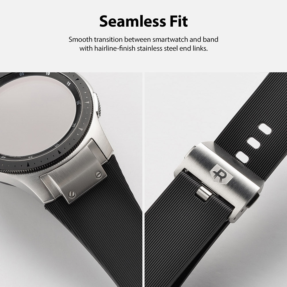 Galaxy Watch (46mm) | Rubber One Prime Band - Close-up of black rubber watch band with stainless steel end links.
