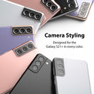 Galaxy S21 Plus | Camera Styling - Galaxy S21 Plus - Multiple Galaxy S21+ phones in various colors arranged in a fan shape, highlighting camera lens covers.