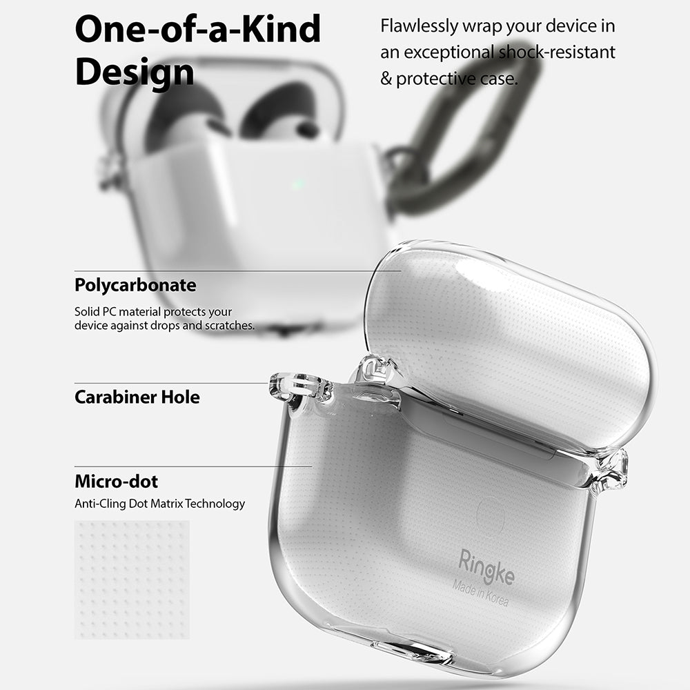 AirPods 3 Case | Hinge - Clear protective case for AirPods 3 highlighting polycarbonate material, carabiner hole, and micro-dot texture.