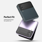 Galaxy Z Flip 3 Screen Protector | Cover Display Glass [3 Pack] - Galaxy Z Flip 3 Screen Protector - Two folded Galaxy Z Flip 3 phones in black and purple floating against a white background.