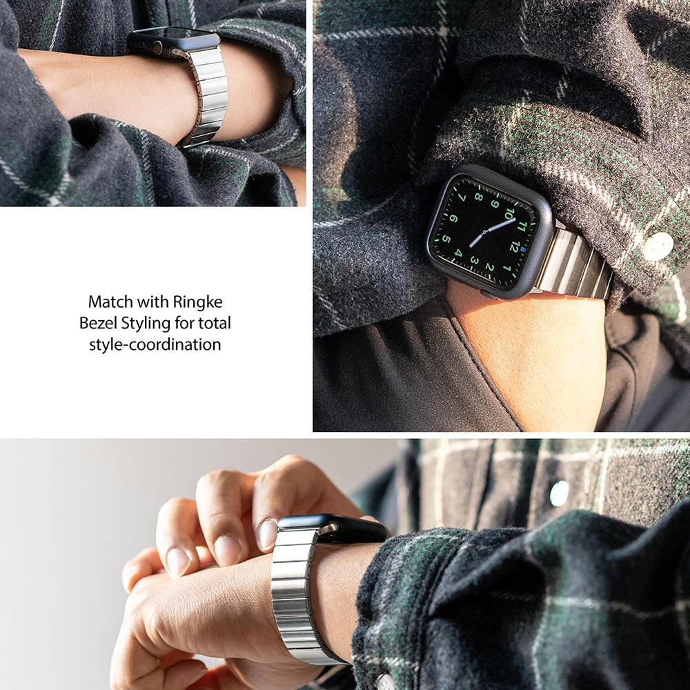 Apple Watch 49·46·45·44·42 mm | Metal One Band α - Silver - Apple Watch Metal One Band α - Silver - Silver metal link band on an Apple Watch with a black bezel, worn on a wrist.