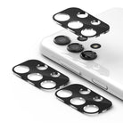 Galaxy A13 4G (LTE) | Camera Protector Glass [3 Pack] - Three black camera lens protectors displayed with a white phone.