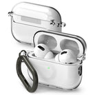AirPods Pro 2 Case | Hinge Clear - Clear protective case for AirPods Pro 2 with a black carabiner and open lid view.