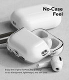 AirPods Pro 2 Case | Hinge Clear - Transparent protective case on AirPods Pro 2 with one earbud resting on a gray surface.