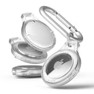 AirTag Case | Slim [4 Pack] - Clear - Four clear, slim protective cases for AirTags, one attached to a silver carabiner.