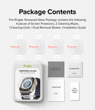 Apple Watch Ultra 3 / 2 / 1 Screen Protector | Glass - Apple Watch Ultra Screen Protector - Package contents showing four glass protectors, cleaning wipes, cloth, and guide.
